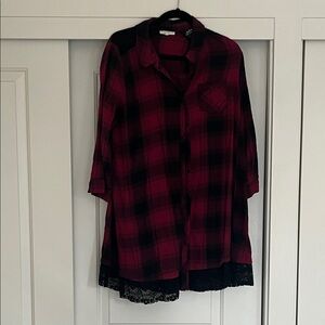 Mystree Burgundy and Black Plaid Top with Lace Detail